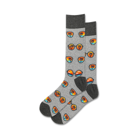 gray crew length men's socks with a pattern of sunglasses and palm trees.   