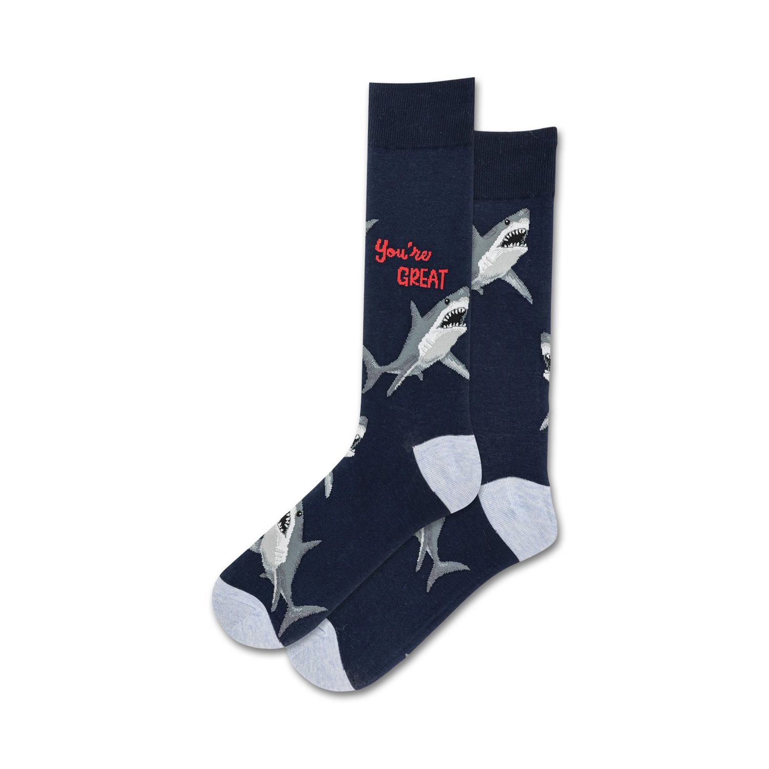 Pair of crew socks; navy blue with white great white sharks and red 'You're Great' text.