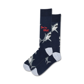 dark blue shark party socks with the text "{you're great}" in red.  