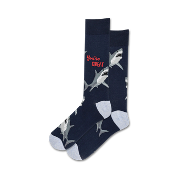 dark blue shark party socks with the text "{you're great}" in red.  