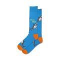 Lifestyle shot showing the blue 'You're Great' socks with orange cuffs on a person's feet.