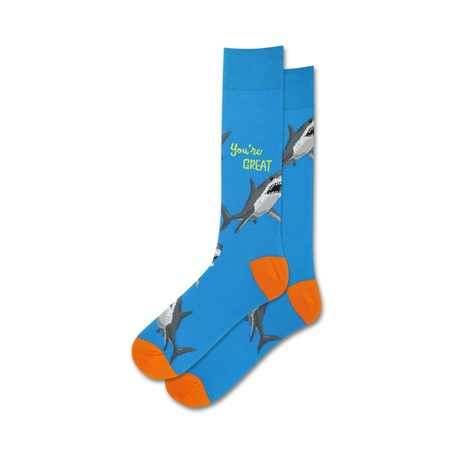 Lifestyle shot showing the blue 'You're Great' socks with orange cuffs on a person's feet.