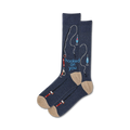 Pair of crew socks in navy blue and beige, featuring a fishing-themed design with fishing rods, hooks, and lures, and the text 'hooked on you'.
