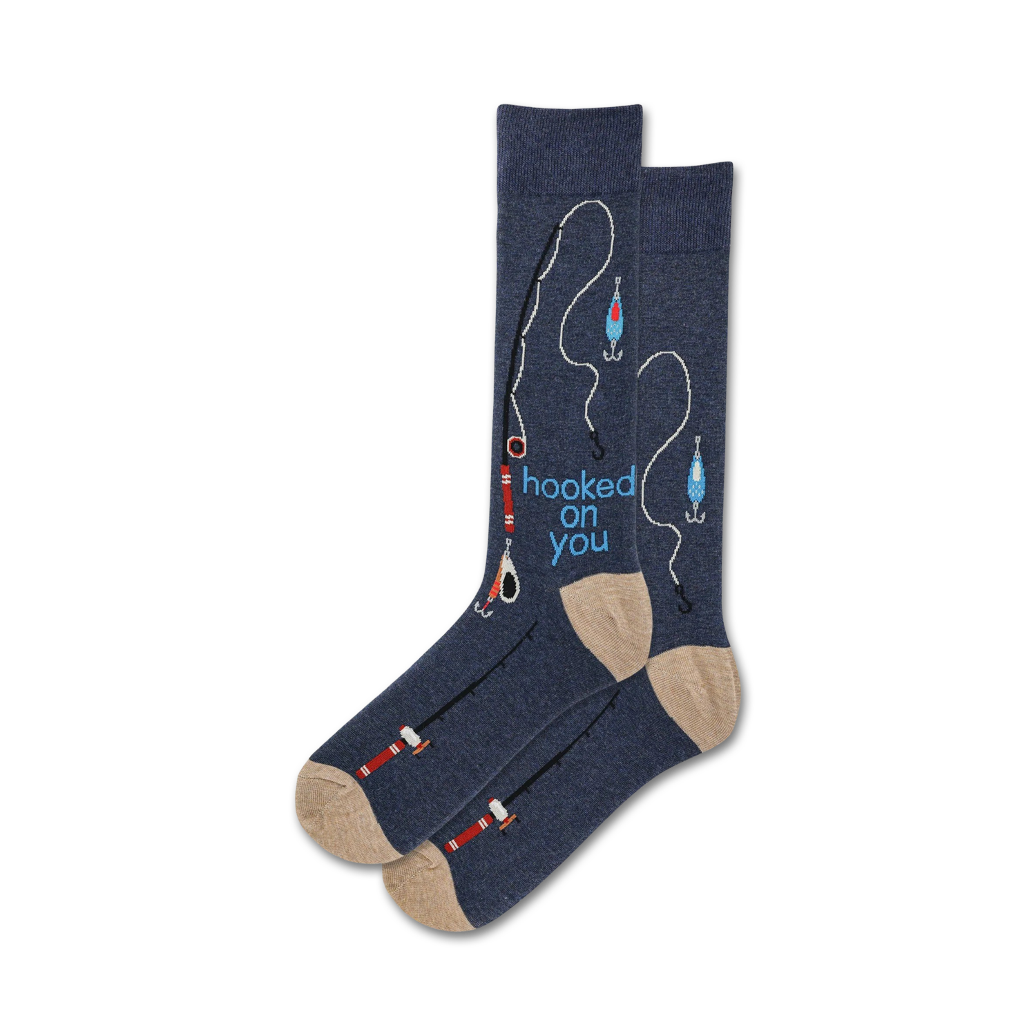 Pair of crew socks in navy blue and beige, featuring a fishing-themed design with fishing rods, hooks, and lures, and the text 'hooked on you'.