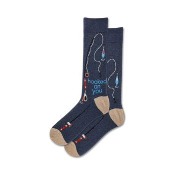 men's dark blue crew socks featuring a pattern of fish hooks, fishing lines, lures, and the words "hooked on you."  