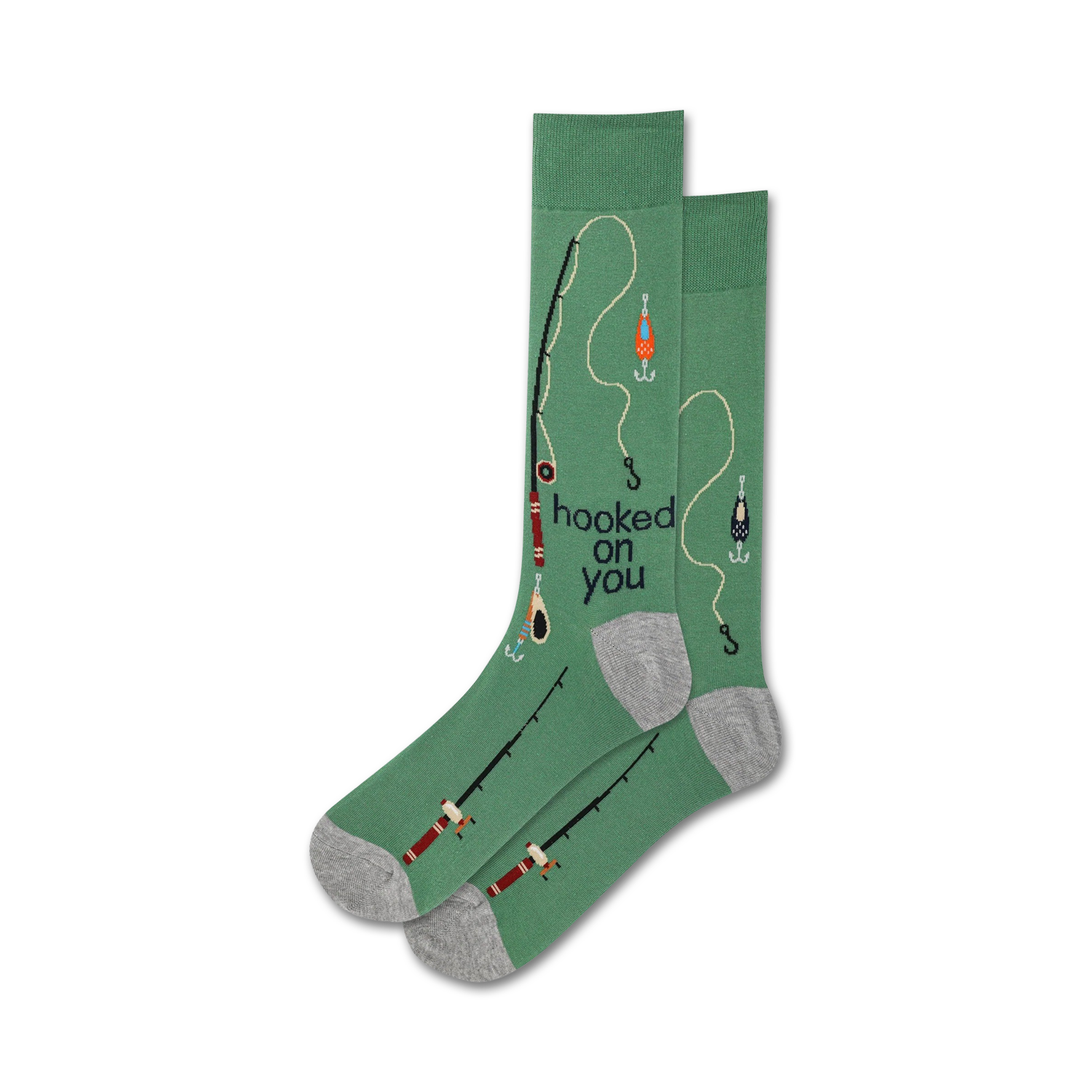 Lifestyle shot showing the green 'Hooked On You' socks on a person's feet. The socks feature a fishing-themed design.