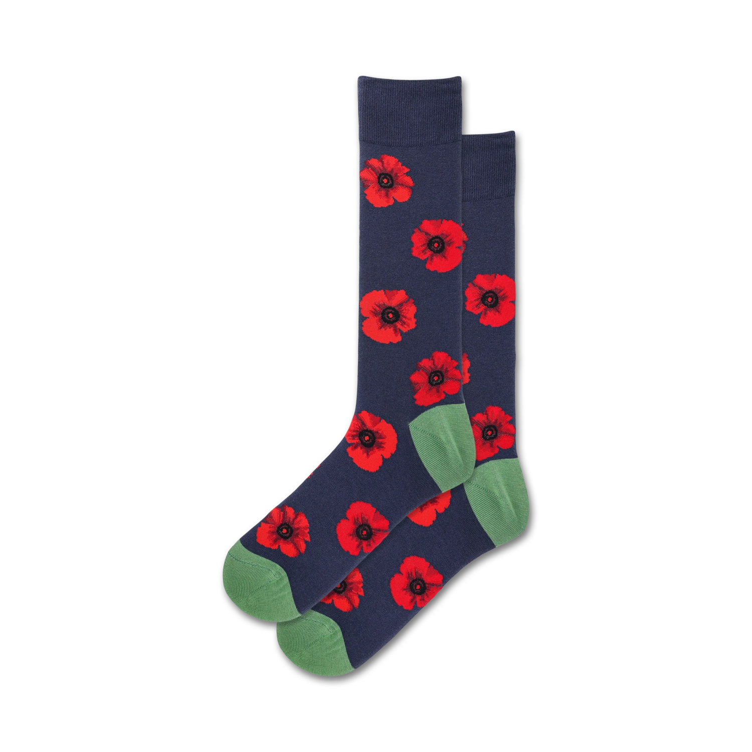 Pair of crew socks with a navy blue base and a repeating red poppy flower pattern.  Green cuffs add a pop of color.