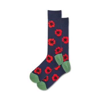 dark blue crew socks for men with pattern of red flowers with yellow centers and green stems and leaves (floral themed).  
