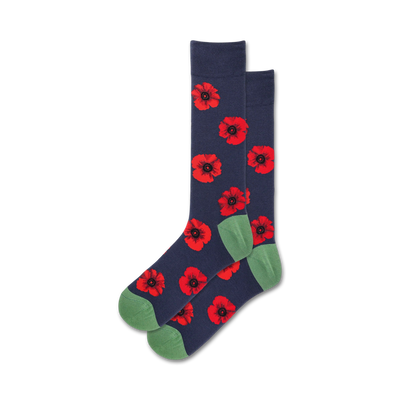 dark blue crew socks for men with pattern of red flowers with yellow centers and green stems and leaves (floral themed).  