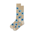 A pair of beige crew socks with a repeating light blue poppy flower pattern. The socks have a beige cuff.