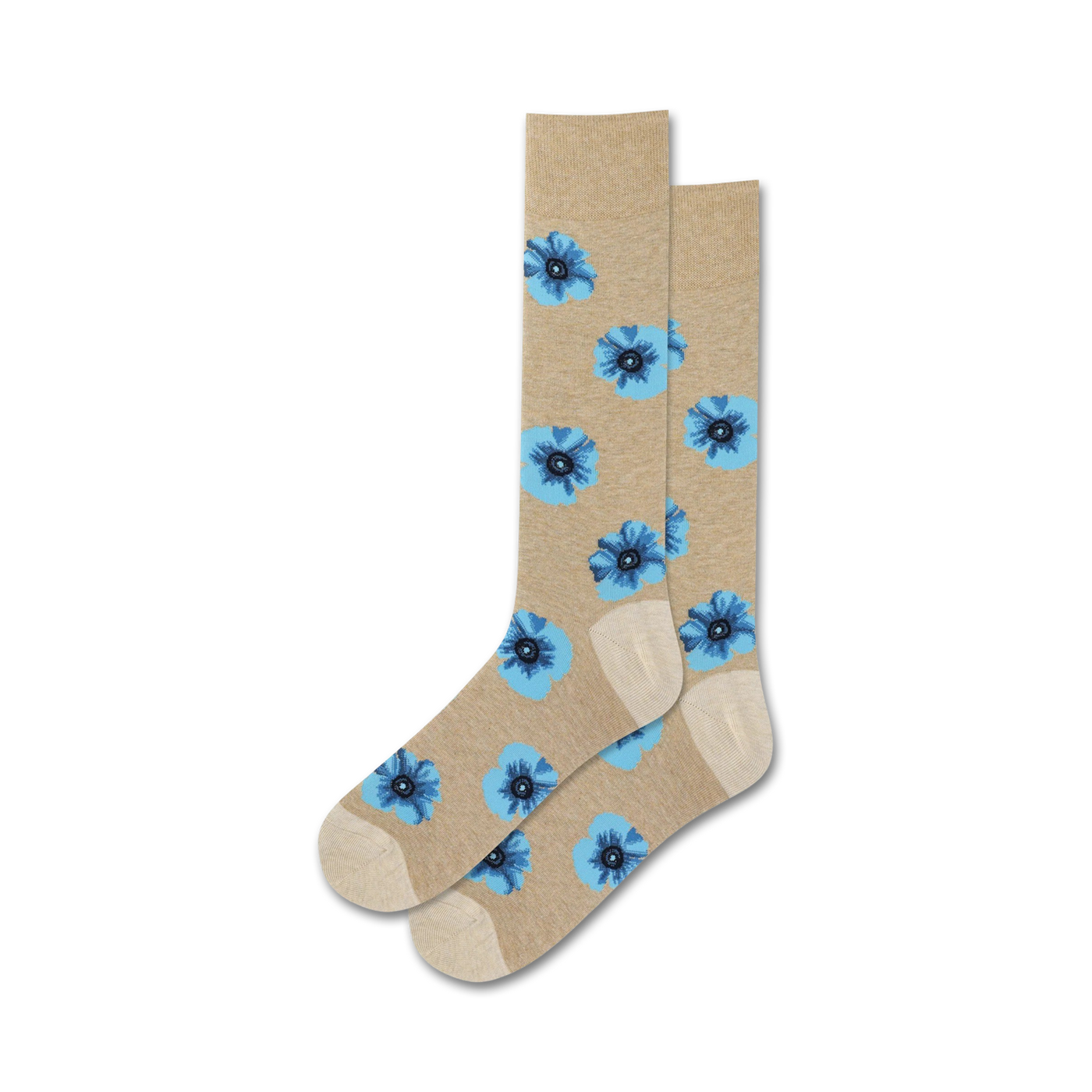 A pair of beige crew socks with a repeating light blue poppy flower pattern. The socks have a beige cuff.