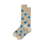 A pair of beige crew socks with a repeating light blue poppy flower pattern. The socks have a beige cuff.