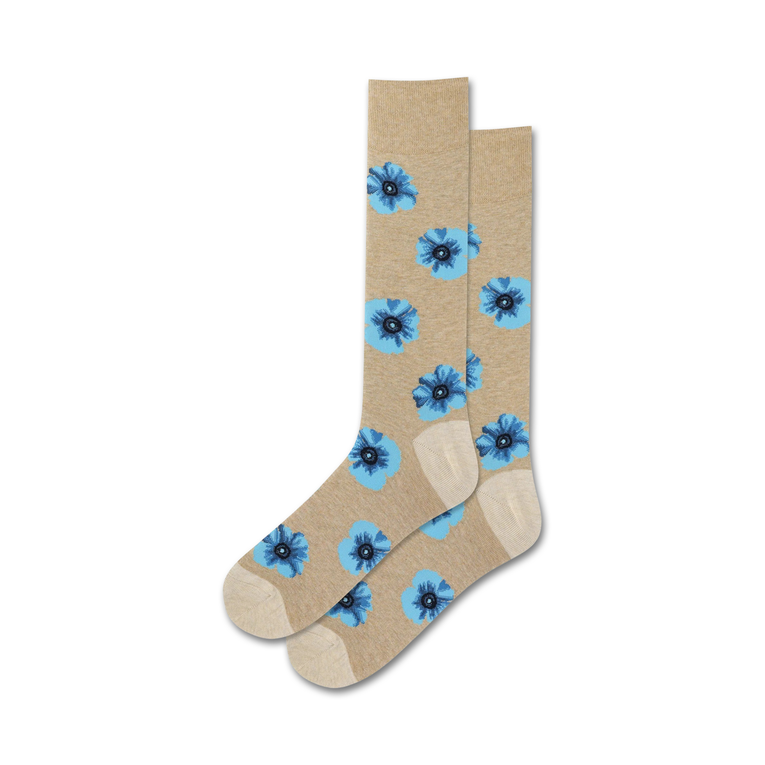 A pair of beige crew socks with a repeating light blue poppy flower pattern. The socks have a beige cuff.