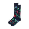 Pair of navy blue crew socks with a fun tropical design. Features red lizards, blue frogs, hibiscus flowers, and green leaves.
