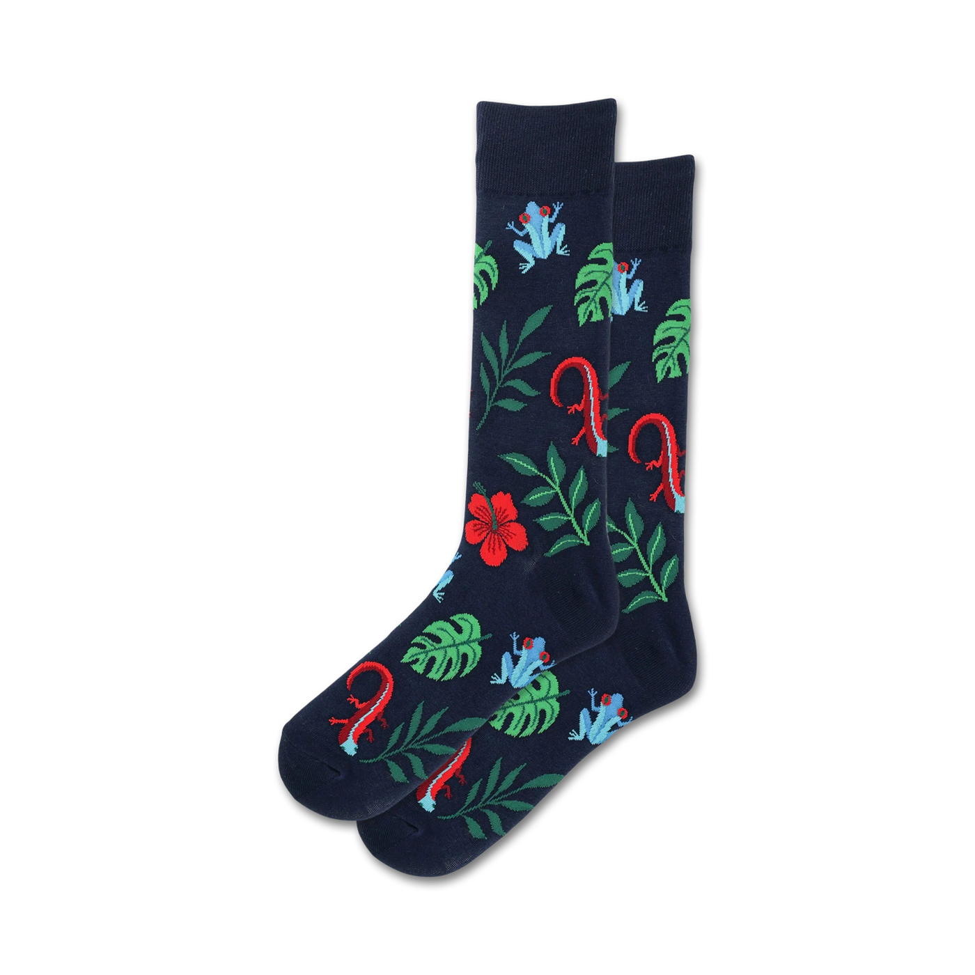 Pair of navy blue crew socks with a fun tropical design. Features red lizards, blue frogs, hibiscus flowers, and green leaves.