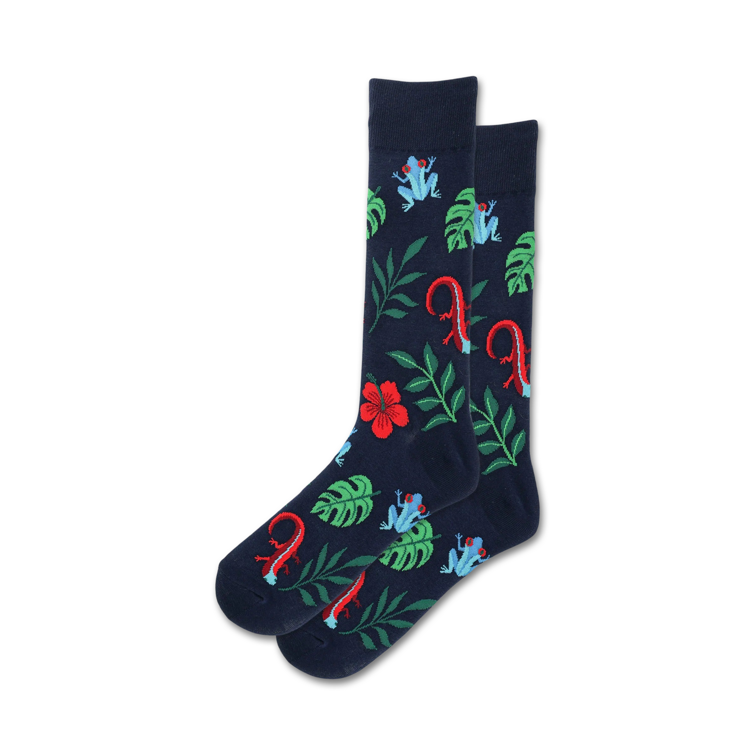 Pair of navy blue crew socks with a fun tropical design. Features red lizards, blue frogs, hibiscus flowers, and green leaves.