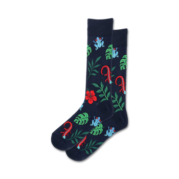 dark blue crew socks featuring a pattern of red and blue flowers, green leaves, and orange and blue frogs and lizards.   