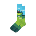 Pair of crew golf socks. Light blue sky, green putting green, trees, and a flag are shown on the sock. Text reads 'Go Green'.