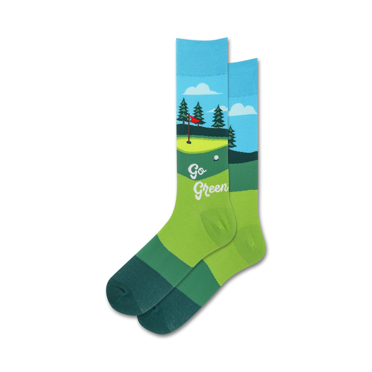 Pair of crew golf socks. Light blue sky, green putting green, trees, and a flag are shown on the sock. Text reads 'Go Green'.