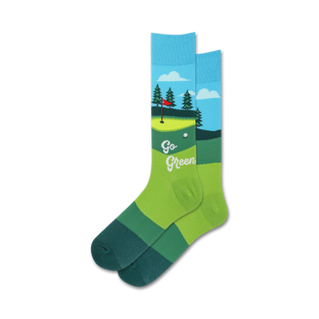 mens crew socks with golf course design, "go green" text. perfect for golf enthusiasts.  