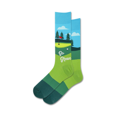 mens crew socks with golf course design, "go green" text. perfect for golf enthusiasts.  