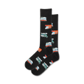Pair of black crew socks with colorful camper van illustrations. 