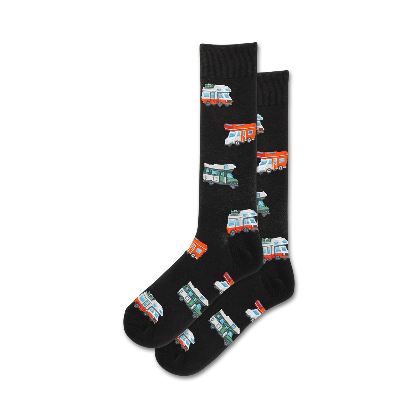Pair of black crew socks with colorful camper van illustrations. 