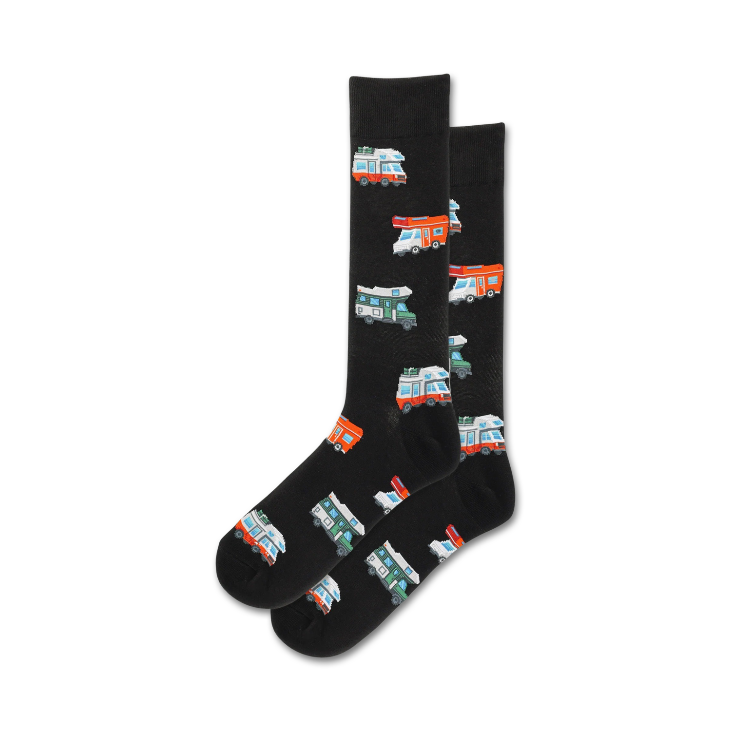 Pair of black crew socks with colorful camper van illustrations. 