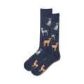 Pair of navy blue crew socks with illustrated tan and gray Pitbulls. Fun, casual style.