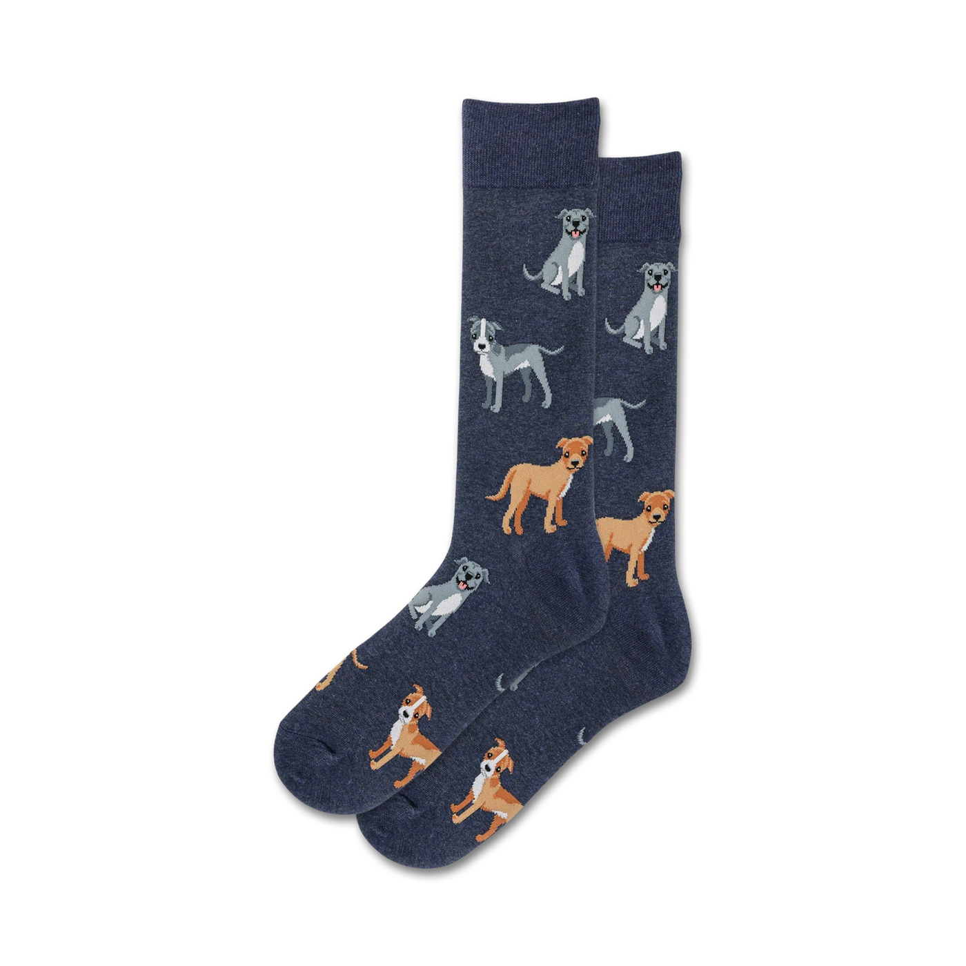 Pair of navy blue crew socks with illustrated tan and gray Pitbulls. Fun, casual style.