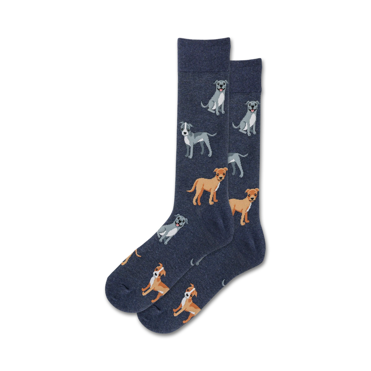 Pair of navy blue crew socks with illustrated tan and gray Pitbulls. Fun, casual style.