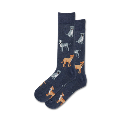 dark blue crew socks with a pitbull design.   