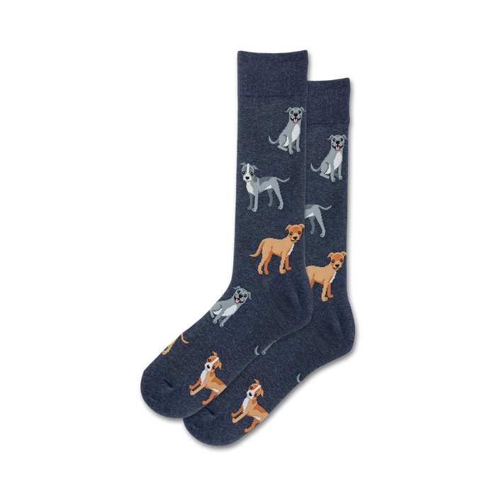 dark blue crew socks with a pitbull design.    }}