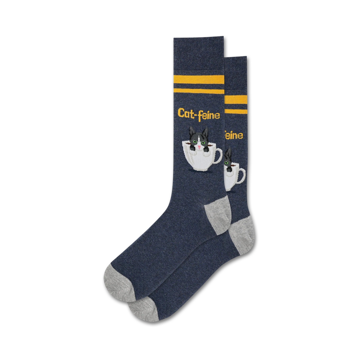 Pair of navy blue crew socks with grey cuffs. Features a cute tuxedo cat in a coffee cup design and yellow stripes.