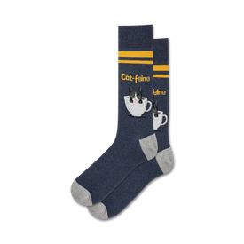 dark blue with yellow stripes cat-feine mens crew sock, with a picture of a cat sitting in a coffee cup.  