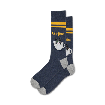 dark blue with yellow stripes cat-feine mens crew sock, with a picture of a cat sitting in a coffee cup.  
