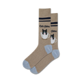 Close-up product shot of a pair of tan Cat-Feine socks with light blue cuffs.  The socks feature the same kitten-in-a-coffee-cup design, but on a beige background.