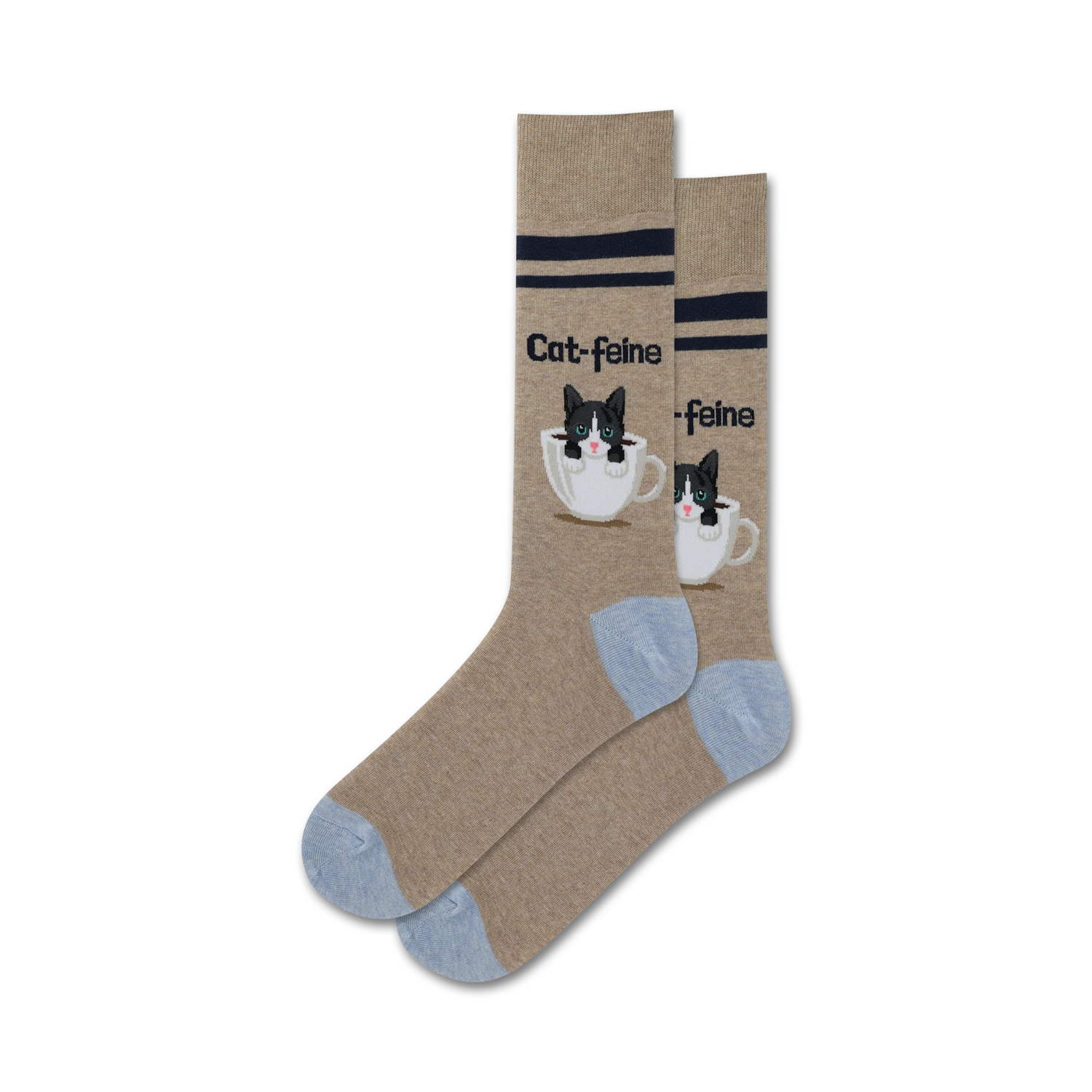 Close-up product shot of a pair of tan Cat-Feine socks with light blue cuffs.  The socks feature the same kitten-in-a-coffee-cup design, but on a beige background.