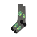 Pair of grey crew socks with a repeating pattern of bright green artichokes.  Black heel and toe.