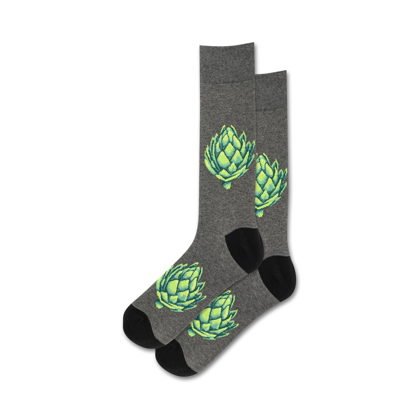 Pair of grey crew socks with a repeating pattern of bright green artichokes.  Black heel and toe.