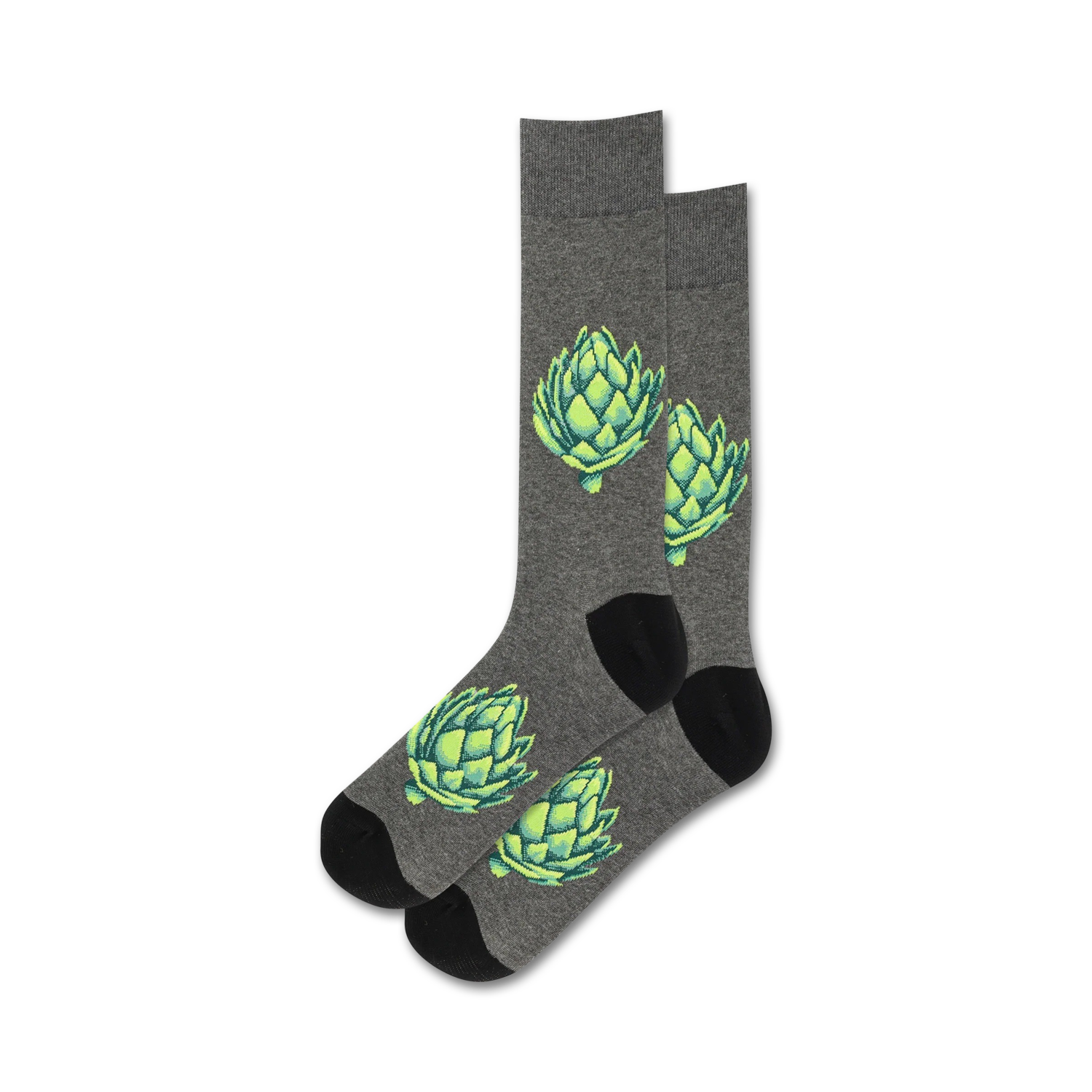 Pair of grey crew socks with a repeating pattern of bright green artichokes.  Black heel and toe.