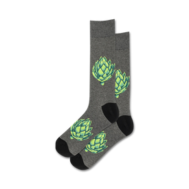 mens' crew-length gray cotton socks with a green artichoke pattern.  