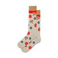 Pair of grey crew socks with pizza toppings. Red pepperoni, brown mushrooms, and black olives are featured on a light grey background.