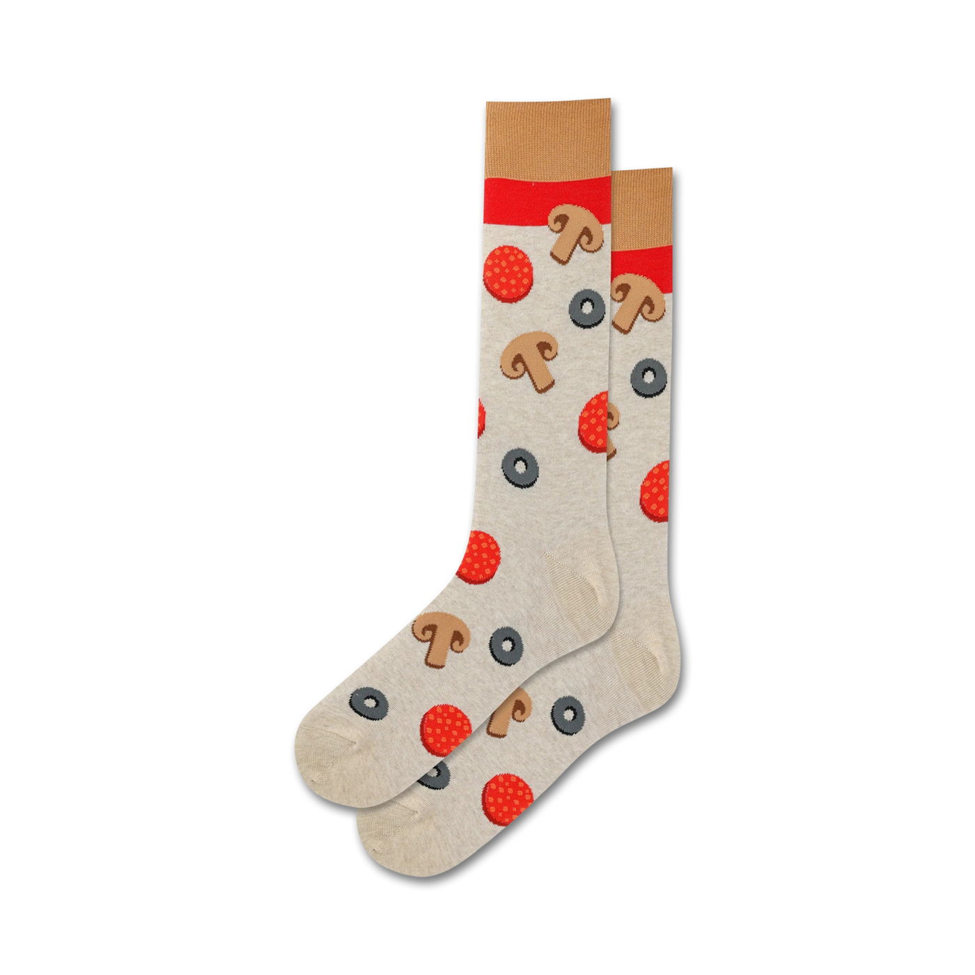 Pair of grey crew socks with pizza toppings. Red pepperoni, brown mushrooms, and black olives are featured on a light grey background.