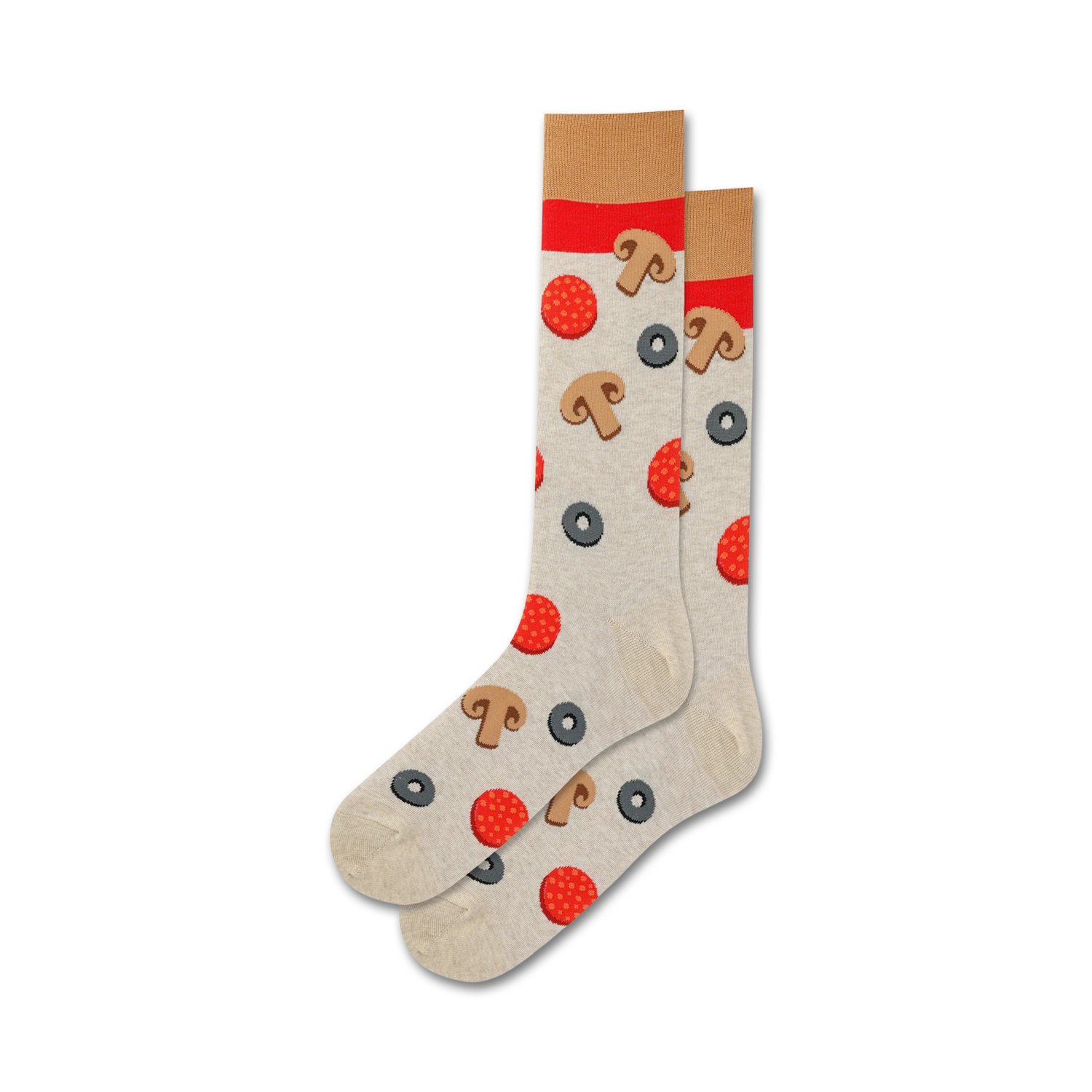 Pair of grey crew socks with pizza toppings. Red pepperoni, brown mushrooms, and black olives are featured on a light grey background.