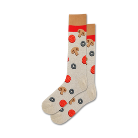 mens pizza-themed crew socks feature red sauce, yellow cheese, green olives, and brown mushrooms   
