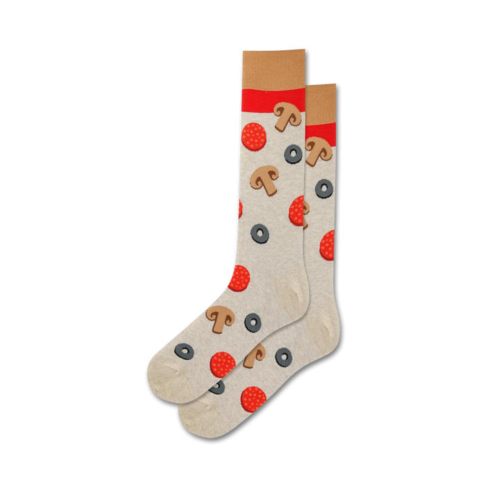 mens pizza-themed crew socks feature red sauce, yellow cheese, green olives, and brown mushrooms    }}