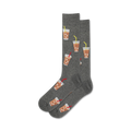 Pair of grey crew socks with a repeating pattern of iced coffee cups, showing brown drinks, white ice, and yellow & red straws.