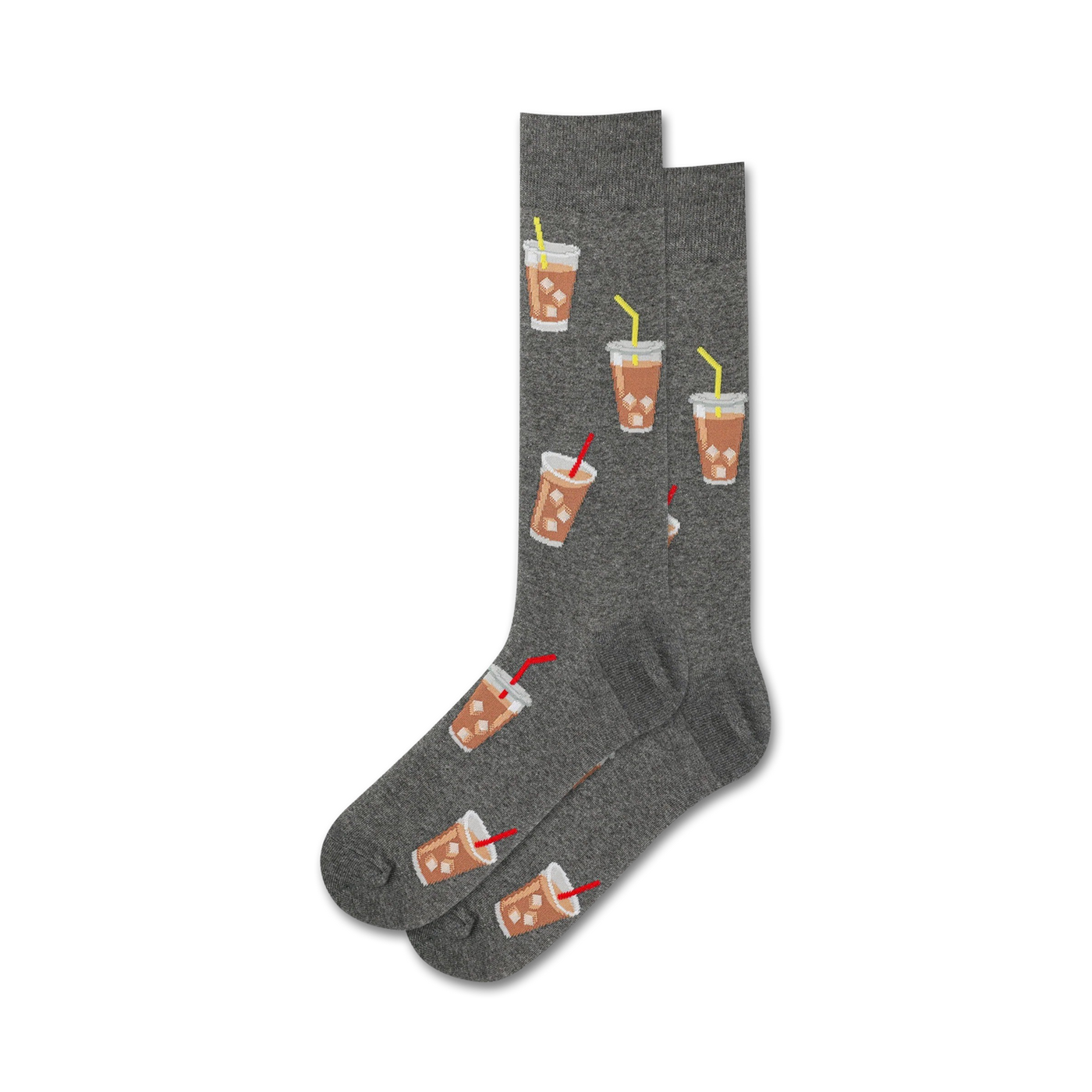 Pair of grey crew socks with a repeating pattern of iced coffee cups, showing brown drinks, white ice, and yellow & red straws.