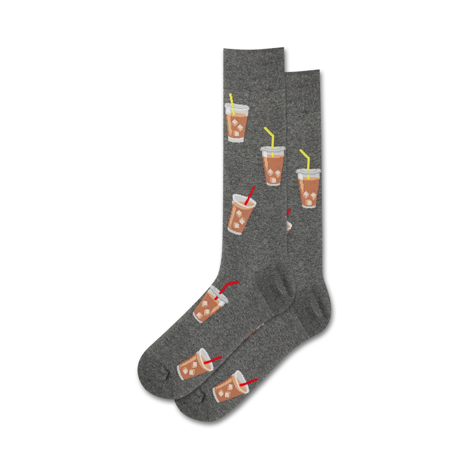 Pair of grey crew socks with a repeating pattern of iced coffee cups, showing brown drinks, white ice, and yellow & red straws.